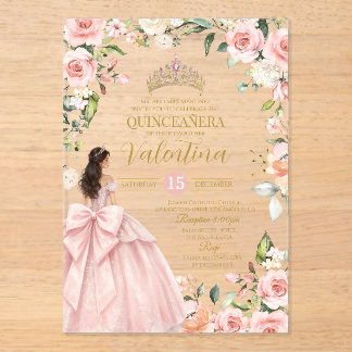 Floral Roses Blush Pink Quinceañera 15th birthday Acrylic Invitations