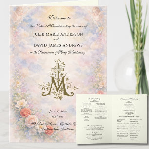 Floral Roses Catholic Wedding Mass Program Card