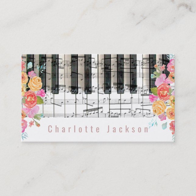 floral roses decor pianist music business card (Front)