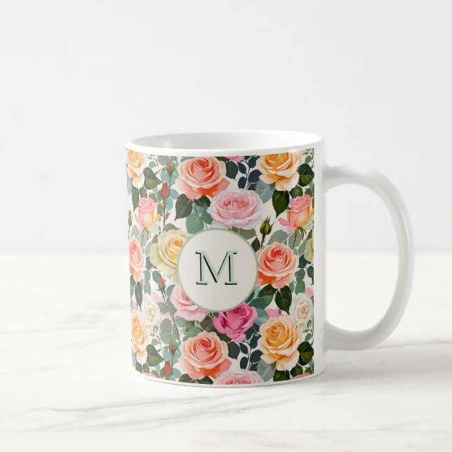 Floral Roses Elegant Flowers Pretty Monogrammed Coffee Mug (Right)