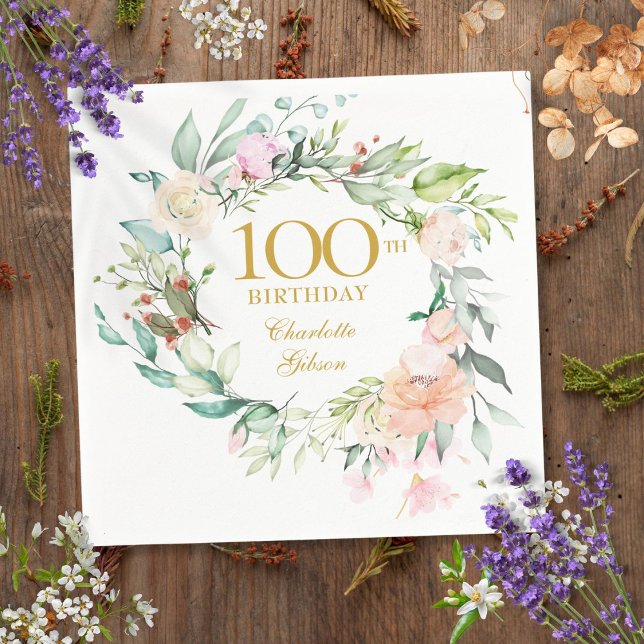 Floral Roses Garland 100th Birthday Napkin (Creator Uploaded)