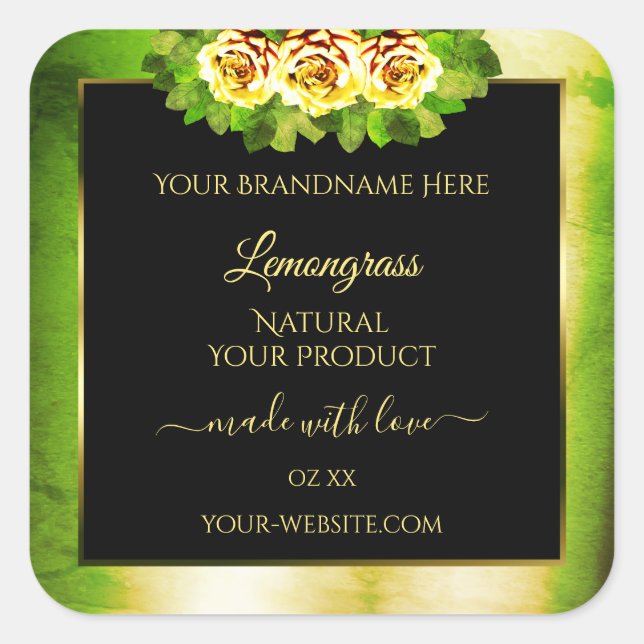 Floral Roses Green Marble Black Gold Product Label (Front)