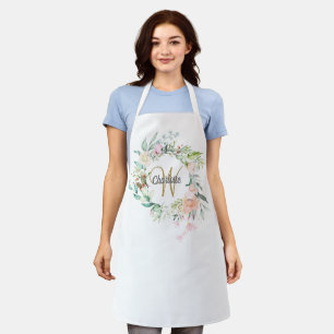 Floral Roses Monogram Gold Script Apron