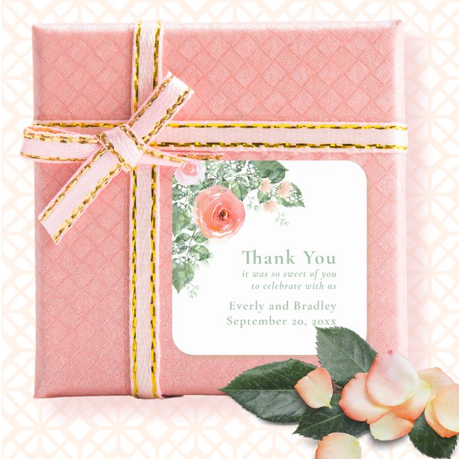 Floral Roses Monogram Green Coral Pink Wedding Square Sticker (Creator Uploaded)