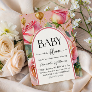 Floral Roses Pink Girl Baby in Bloom Baby Shower Invitation