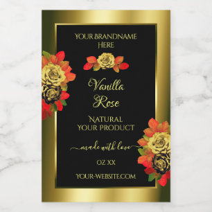 Floral Roses Product Labels Black Shimmery Golden