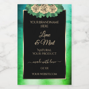 Floral Roses Teal Green Marble Black Product Label