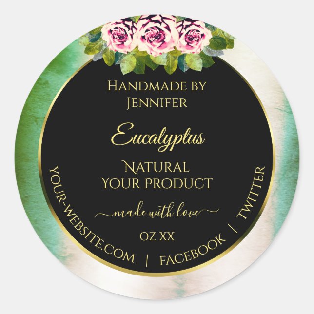 Floral Roses Teal Marble and Black Product Labels (Front)