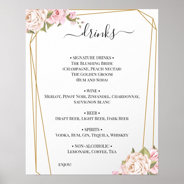 Floral Roses Wedding Drinks Menu Sign (Front)