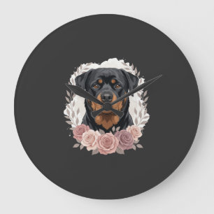 Floral Rottweiler Dog Portrait Sublimation Large Clock