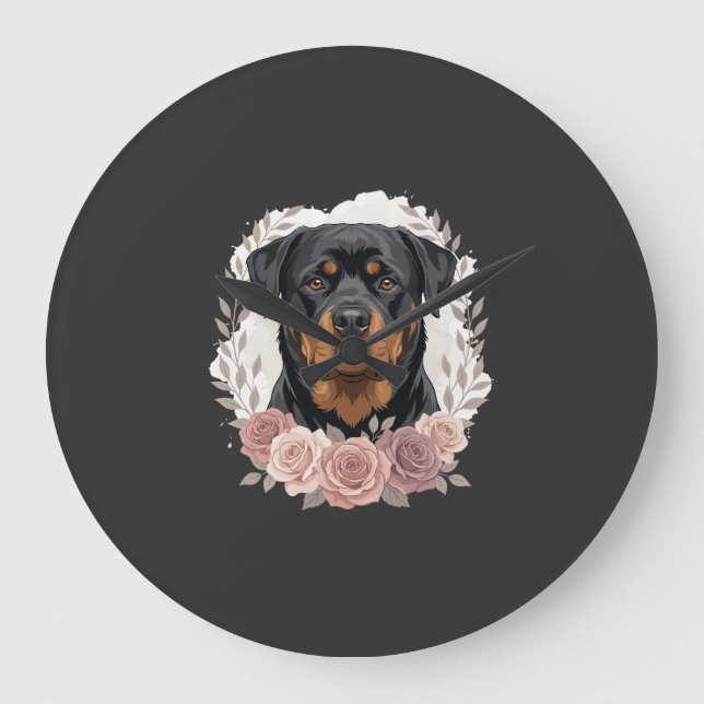 Floral Rottweiler Dog Portrait Sublimation Large Clock (Front)