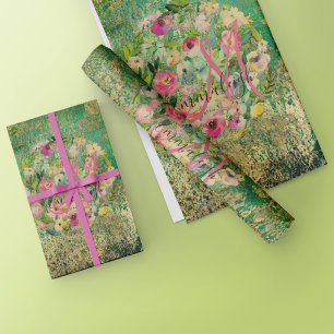 Floral Round Bouquet Monogram Green Gold Wrapping Paper