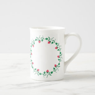Floral round frame with pink rose flowers bone china mug