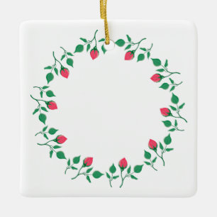 Floral round frame with pink rose flowers ceramic ornament