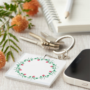 Floral round frame with pink rose flowers key ring