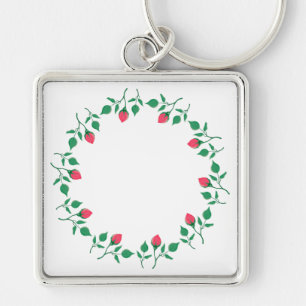 Floral round frame with pink rose flowers key ring
