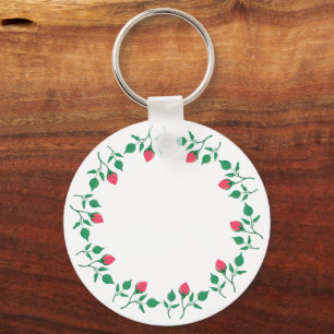 Floral round frame with pink rose flowers key ring