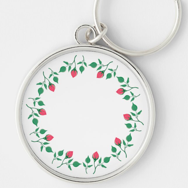 Floral round frame with pink rose flowers  key ring (Front)
