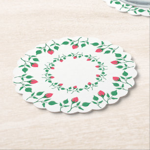 Floral round frame with pink rose flowers paper coaster