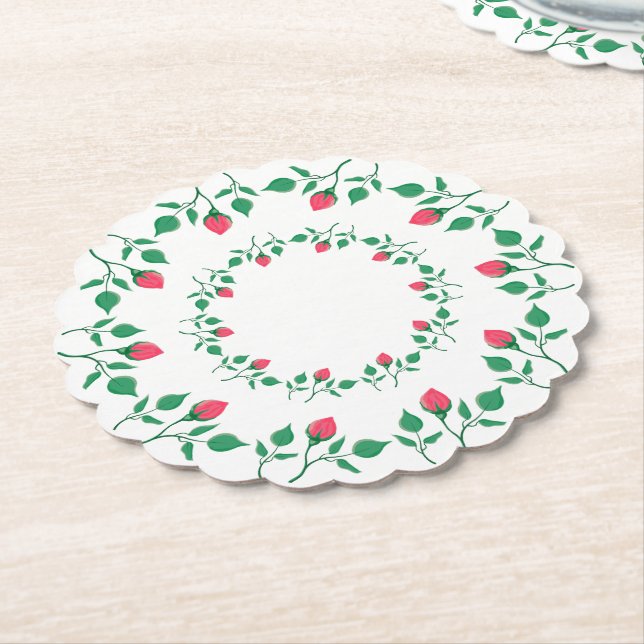 Floral round frame with pink rose flowers   paper coaster (Angled)