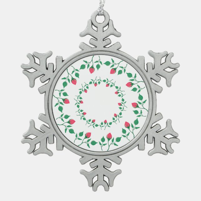 Floral round frame with pink rose flowers  snowflake pewter christmas ornament (Front)
