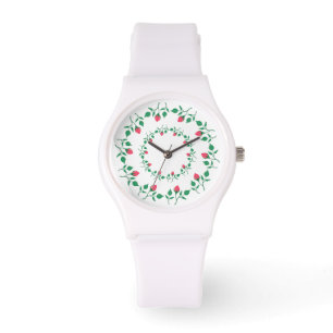 Floral round frame with pink rose flowers watch