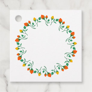 Floral round frame with yellow and red rose flower favour tags