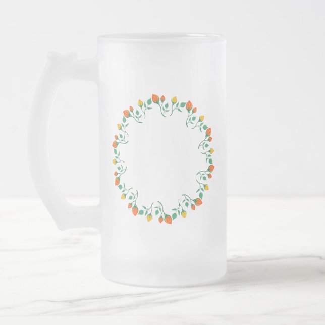 Floral round frame with yellow and red rose flower frosted glass beer mug (Left)