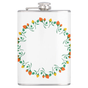 Floral round frame with yellow and red rose flower hip flask