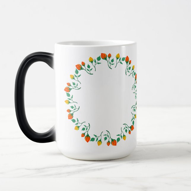 Floral round frame with yellow and red rose flower magic mug (Left)