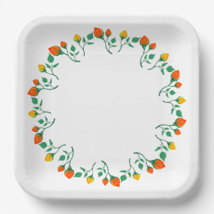 Floral round frame with yellow and red rose flower paper plate