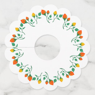 Floral round frame with yellow and red rose flower wine glass tag