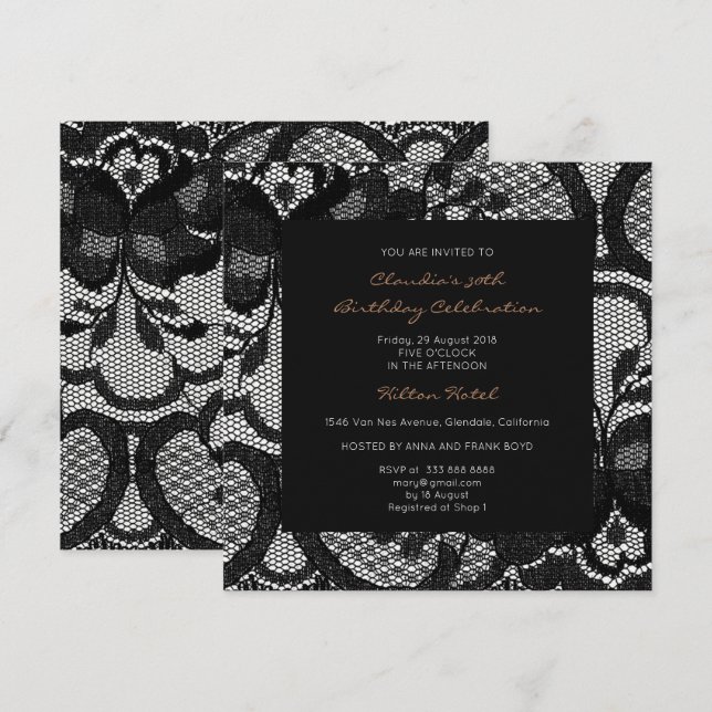 Floral Royal Black White Lace Bridal Shower Party Invitation (Front/Back)