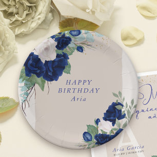 Floral Royal Blue and Ivory Roses Personalised Paper Plate