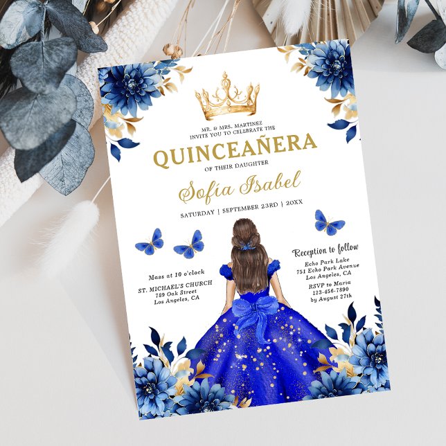 Floral Royal Blue Bilingual Spanish Quinceanera Invitation (Creator Uploaded)