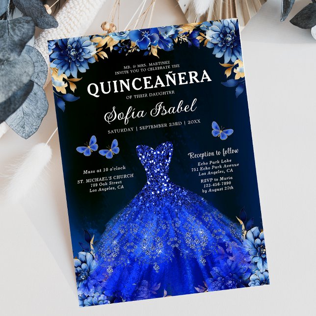 Floral Royal Blue Bilingual Spanish Quinceanera Invitation (Creator Uploaded)
