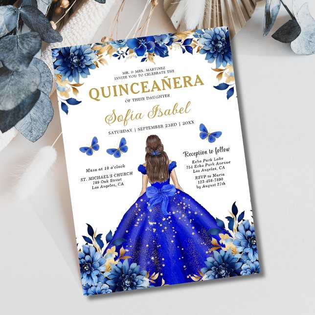 Floral Royal Blue Bilingual Spanish Quinceanera Invitation (Creator Uploaded)
