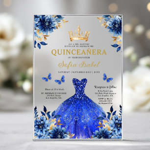 Floral Royal Blue Butterfly Princess Quinceanera Acrylic Invitations