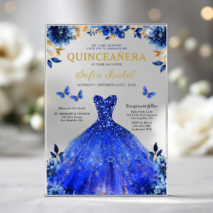 Floral Royal Blue Butterfly Princess Quinceanera Acrylic Invitations