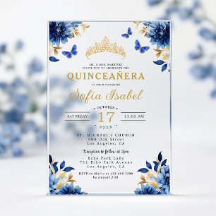 Floral Royal Blue Butterfly Princess Quinceanera Acrylic Invitations