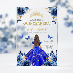 Floral Royal Blue Butterfly Princess Quinceanera Acrylic Invitations