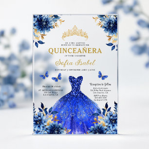 Floral Royal Blue Butterfly Princess Quinceanera Acrylic Invitations