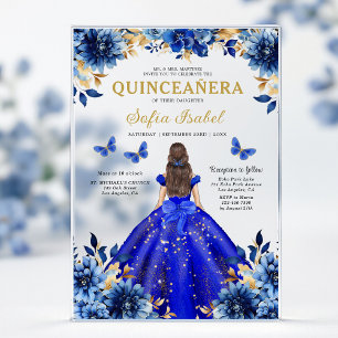 Floral Royal Blue Butterfly Princess Quinceanera Acrylic Invitations