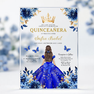 Floral Royal Blue Butterfly Princess Quinceanera Acrylic Invitations