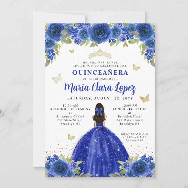 Floral Royal Blue Butterfly Princess Quinceanera Invitation (Front)
