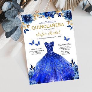 Floral Royal Blue Butterfly Princess Quinceanera Invitation