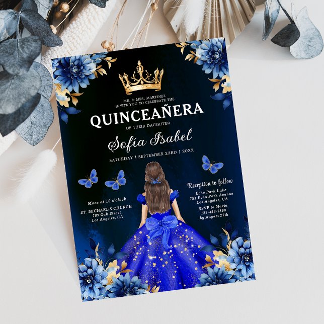 Floral Royal Blue Butterfly Princess Quinceanera Invitation (Creator Uploaded)
