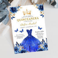 Floral Royal Blue Butterfly Princess Quinceanera