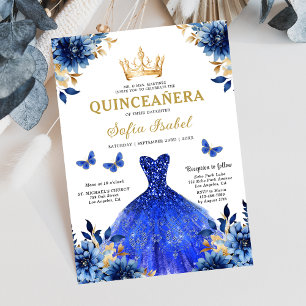 Floral Royal Blue Butterfly Princess Quinceanera Invitation