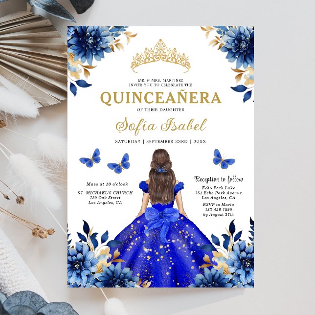 Floral Royal Blue Butterfly Princess Quinceanera Invitation (Creator Uploaded)